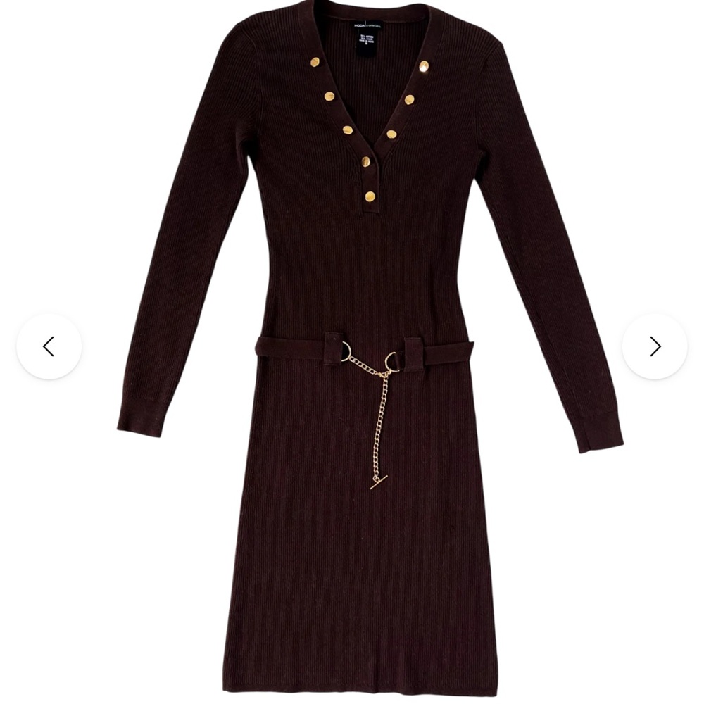 Moda International Chocolate Long Sleeve Dress with Gold Accents Size Medium